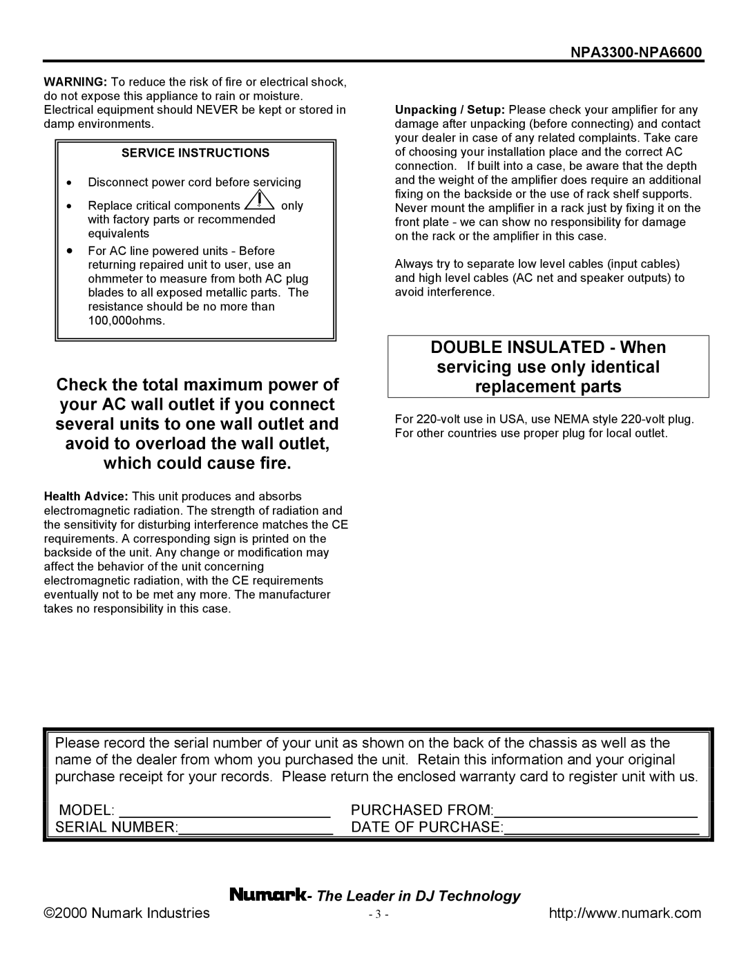 Numark Industries NPA3300/NPA6600 manual Purchased from 