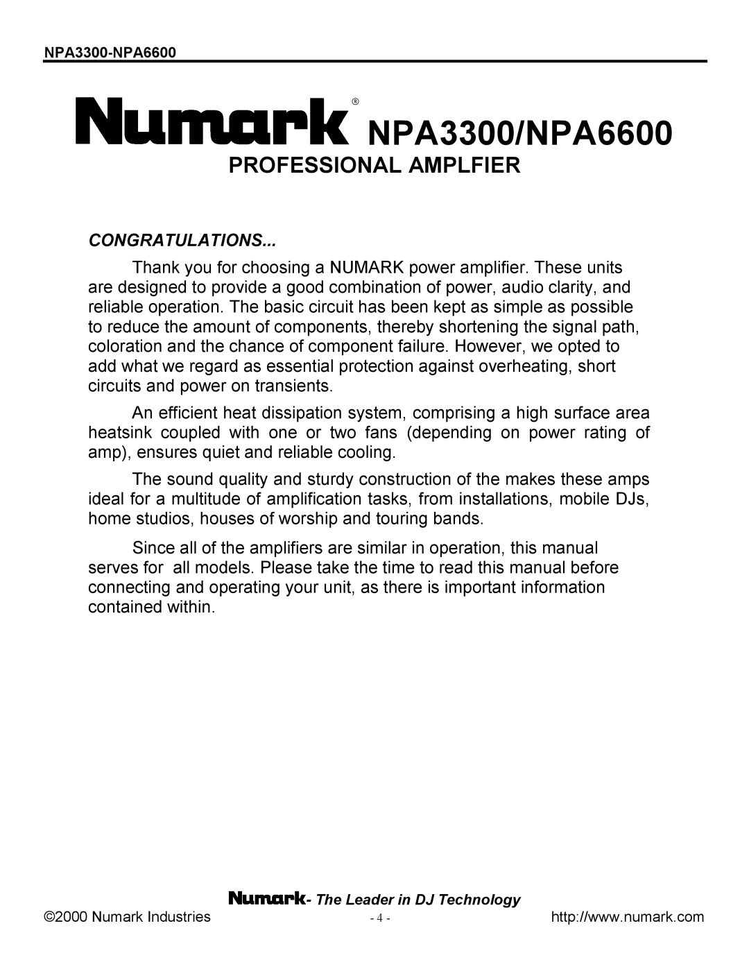 Numark Industries NPA3300/NPA6600 manual Congratulations 