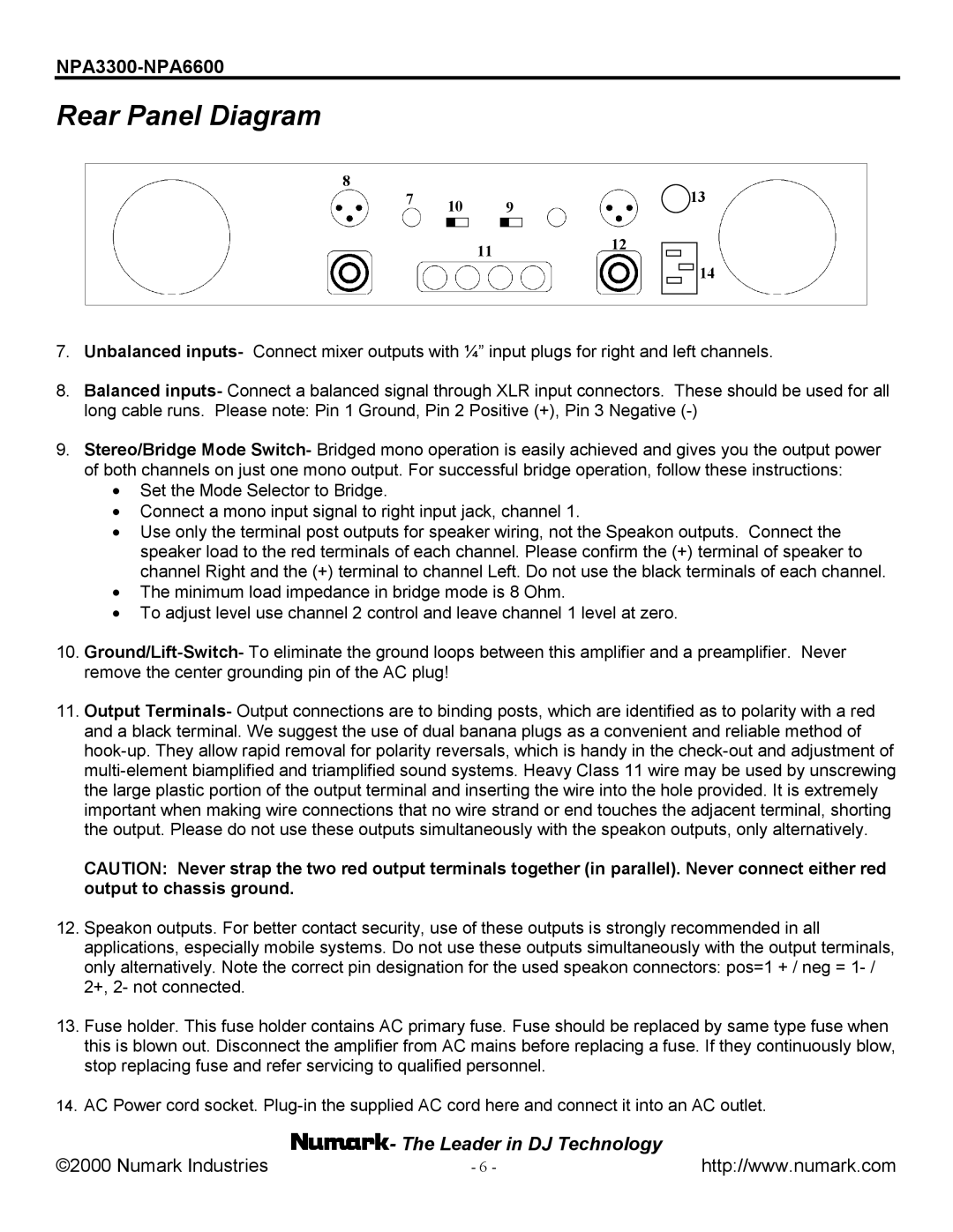 Numark Industries NPA3300/NPA6600 manual Rear Panel Diagram 