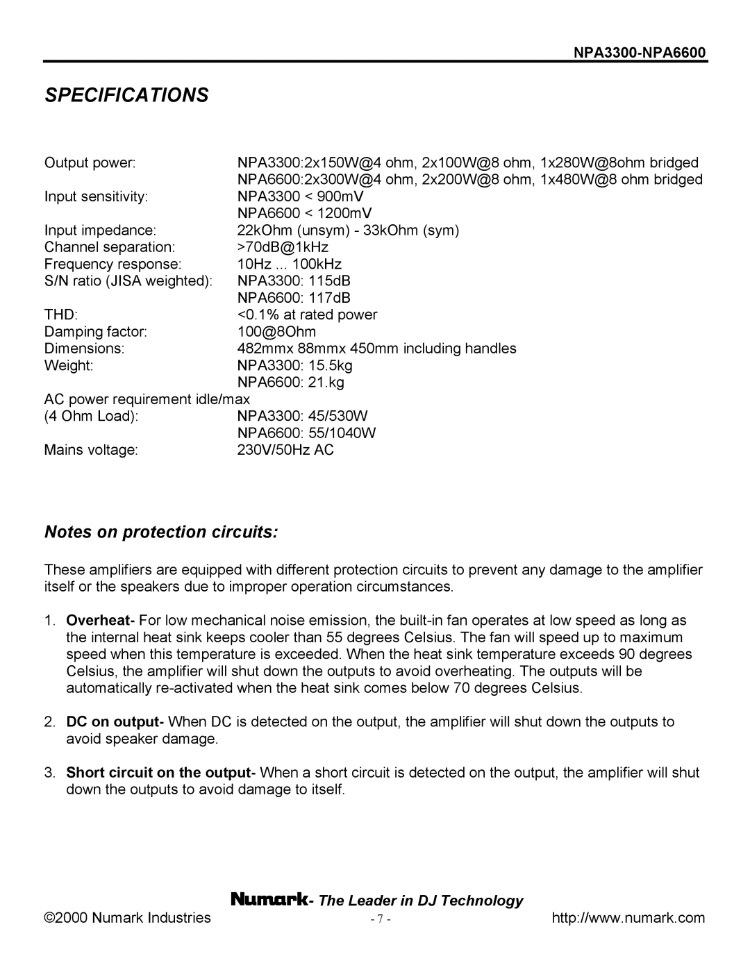 Numark Industries NPA3300/NPA6600 manual Specifications 