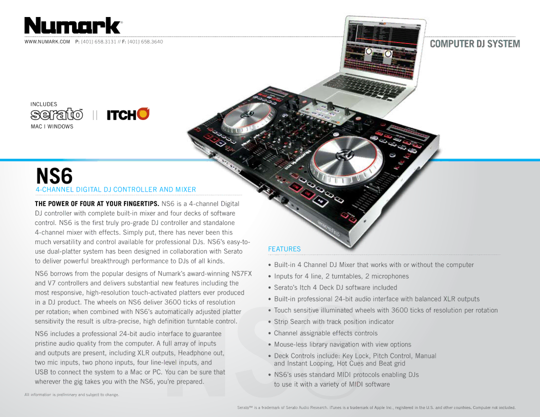 Numark Industries NS6 manual All information is preliminary and subject to change 