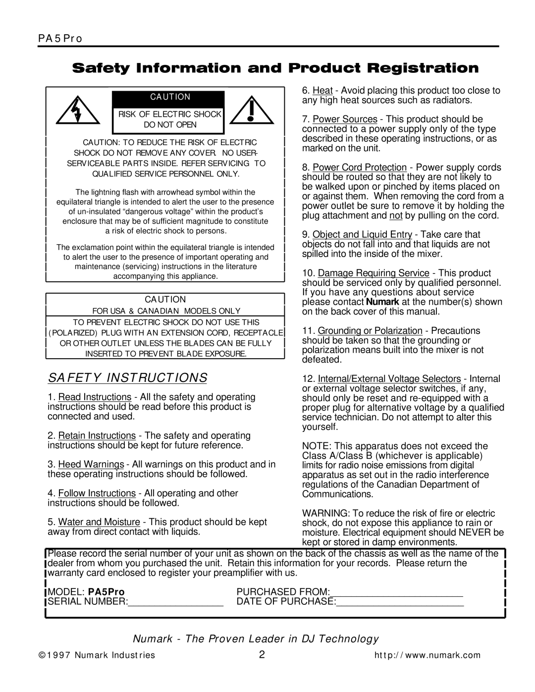 Numark Industries PA5Pro owner manual Safety Instructions 