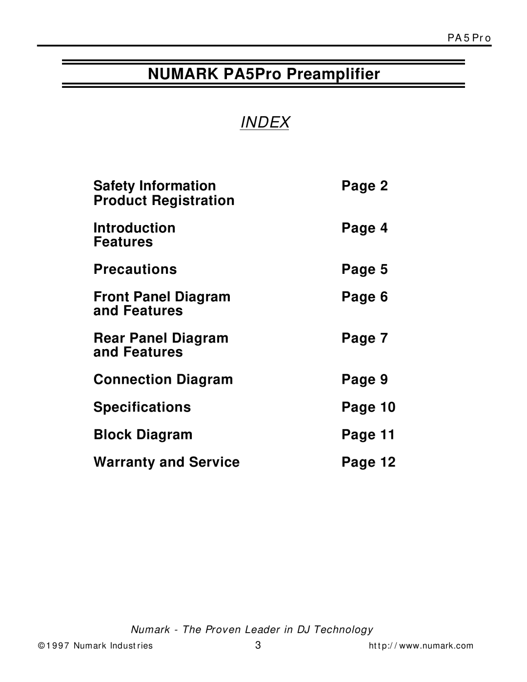 Numark Industries PA5Pro owner manual Index 