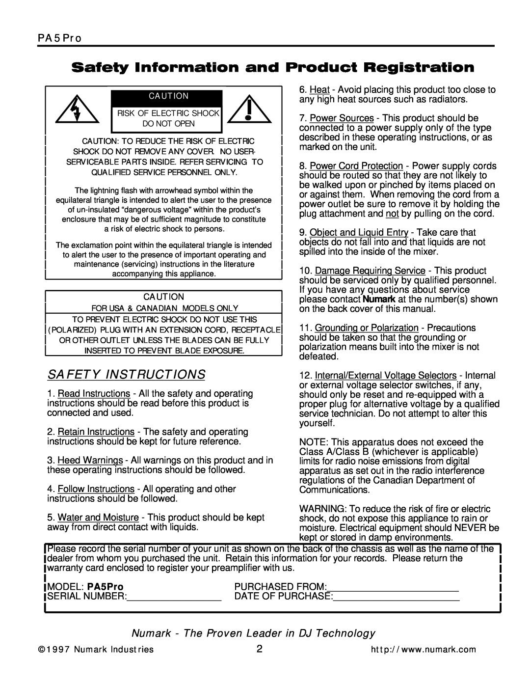 Numark Industries PA5Pro owner manual Safety Instructions, Numark - The Proven Leader in DJ Technology 