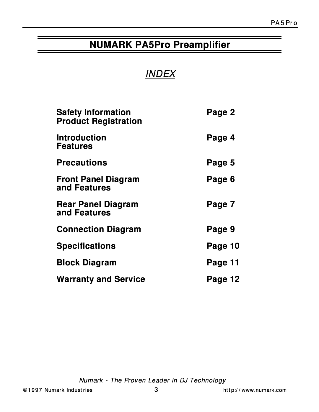 Numark Industries owner manual Index, NUMARK PA5Pro Preamplifier 