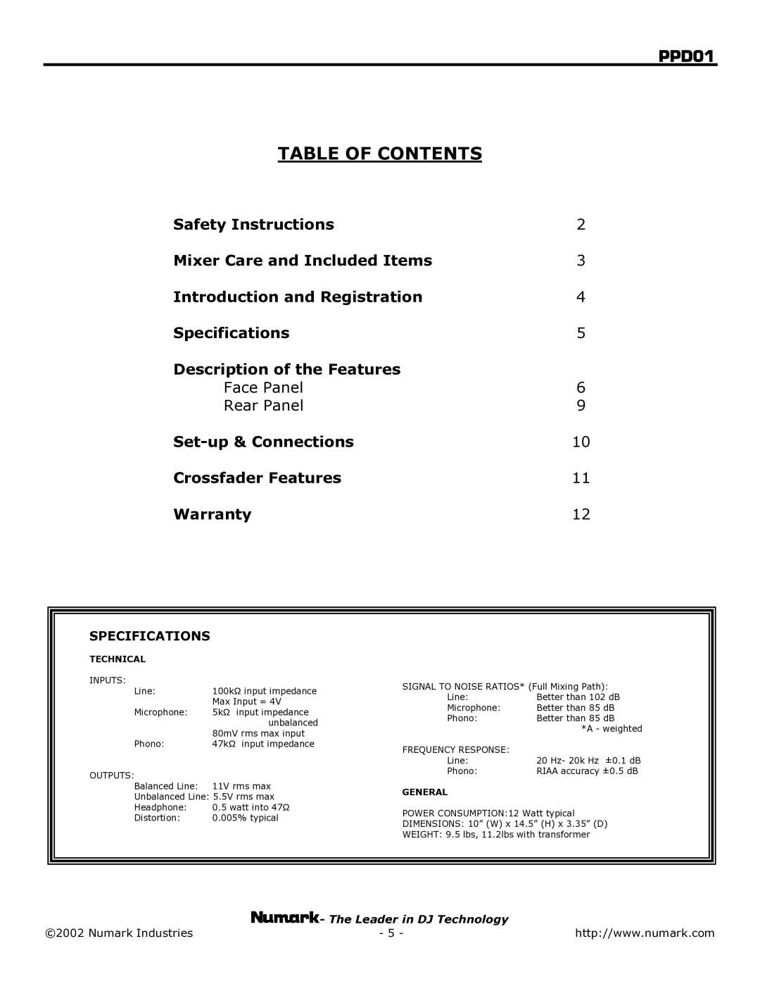 Numark Industries PPD01 user manual Table of Contents 