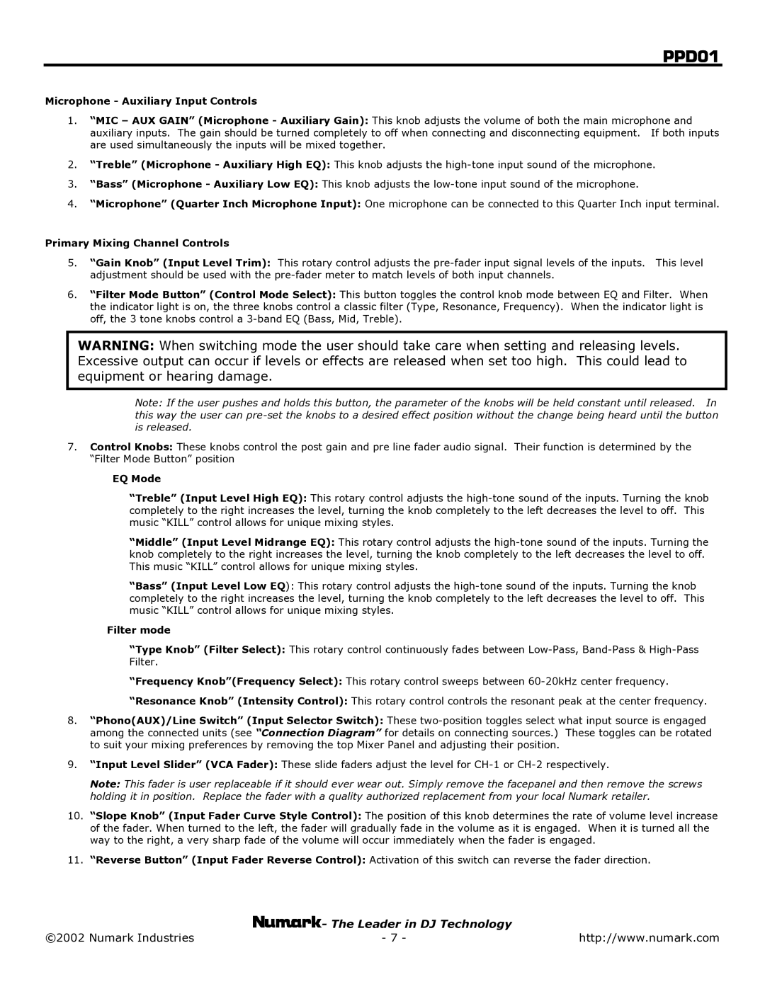 Numark Industries PPD01 user manual Microphone Auxiliary Input Controls 