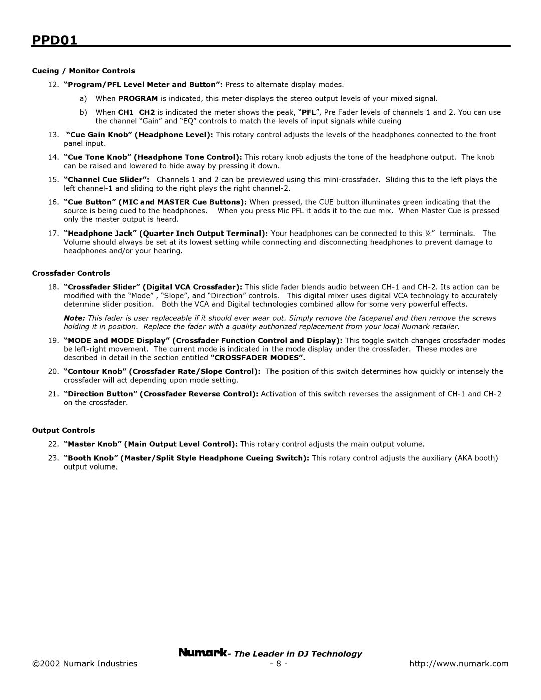 Numark Industries PPD01 user manual Output Controls 