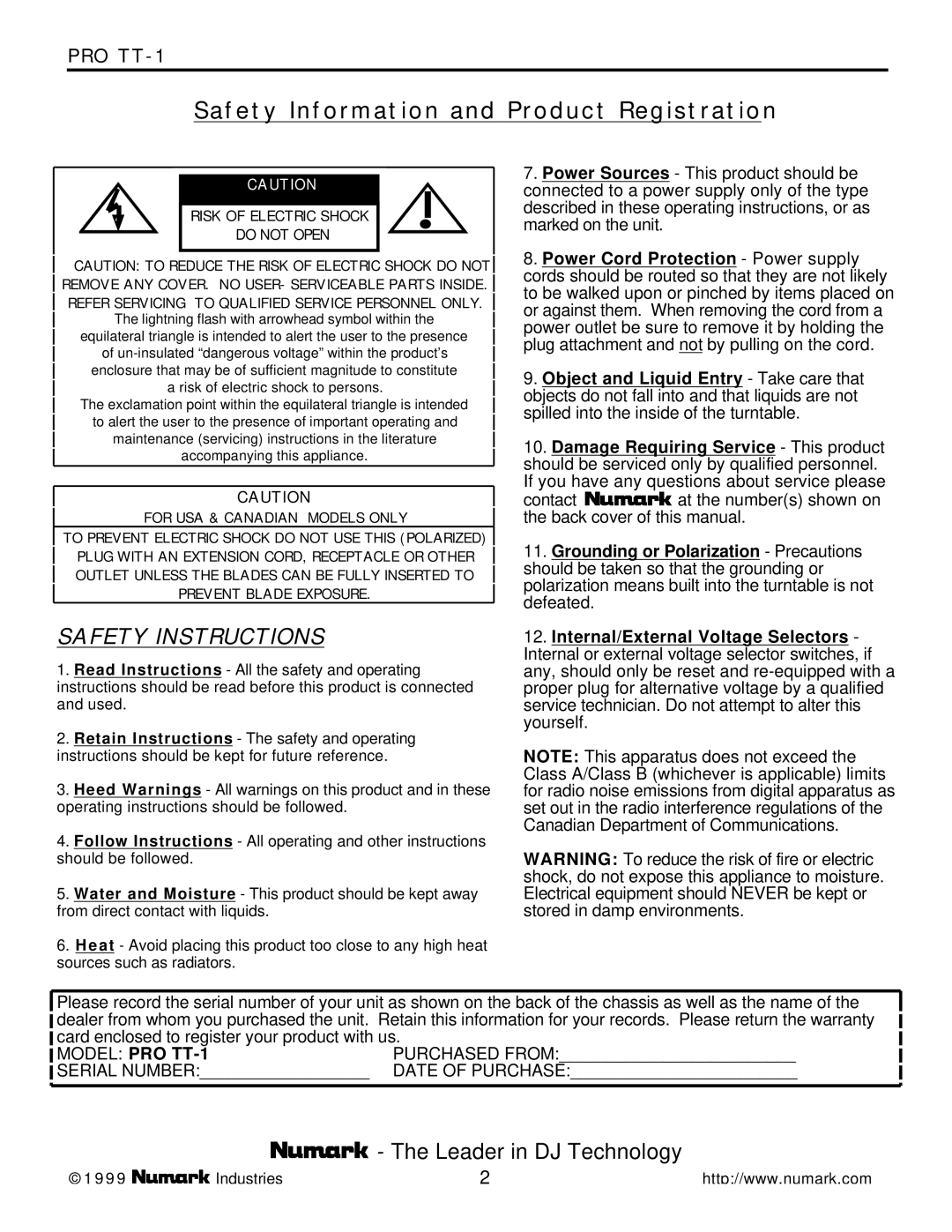 Numark Industries PRO TT-1 owner manual Safety Information and Product Registration 