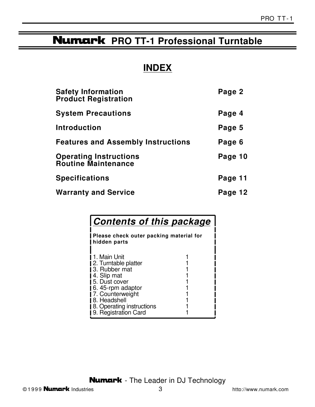 Numark Industries PRO TT-1 owner manual Index 