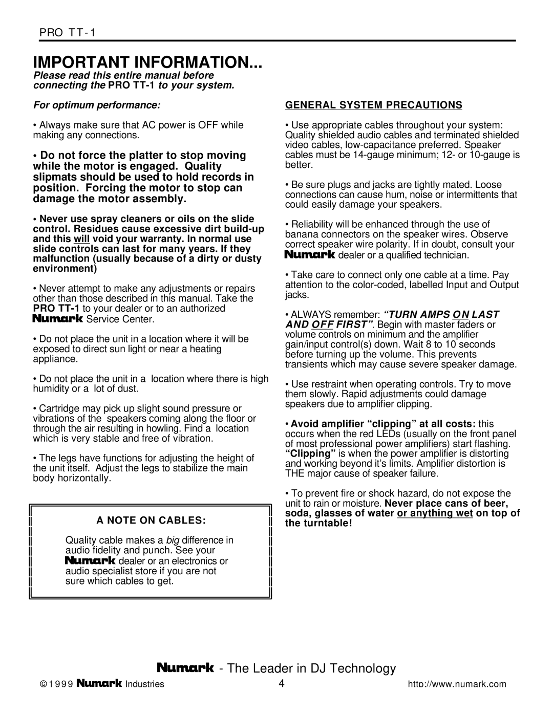 Numark Industries PRO TT-1 owner manual Important Information, General System Precautions 