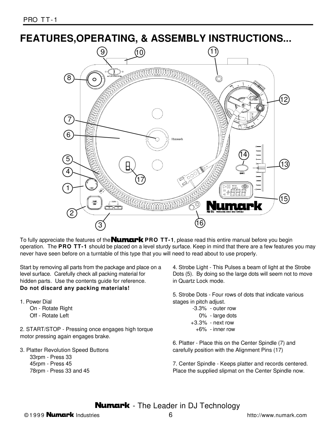 Numark Industries PRO TT-1 owner manual FEATURES,OPERATING, & Assembly Instructions, 1011 