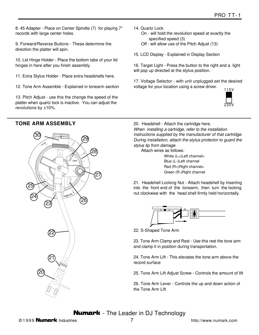 Numark Industries PRO TT-1 owner manual Tone ARM Assembly 