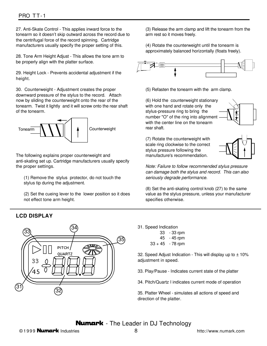 Numark Industries PRO TT-1 owner manual LCD Display 