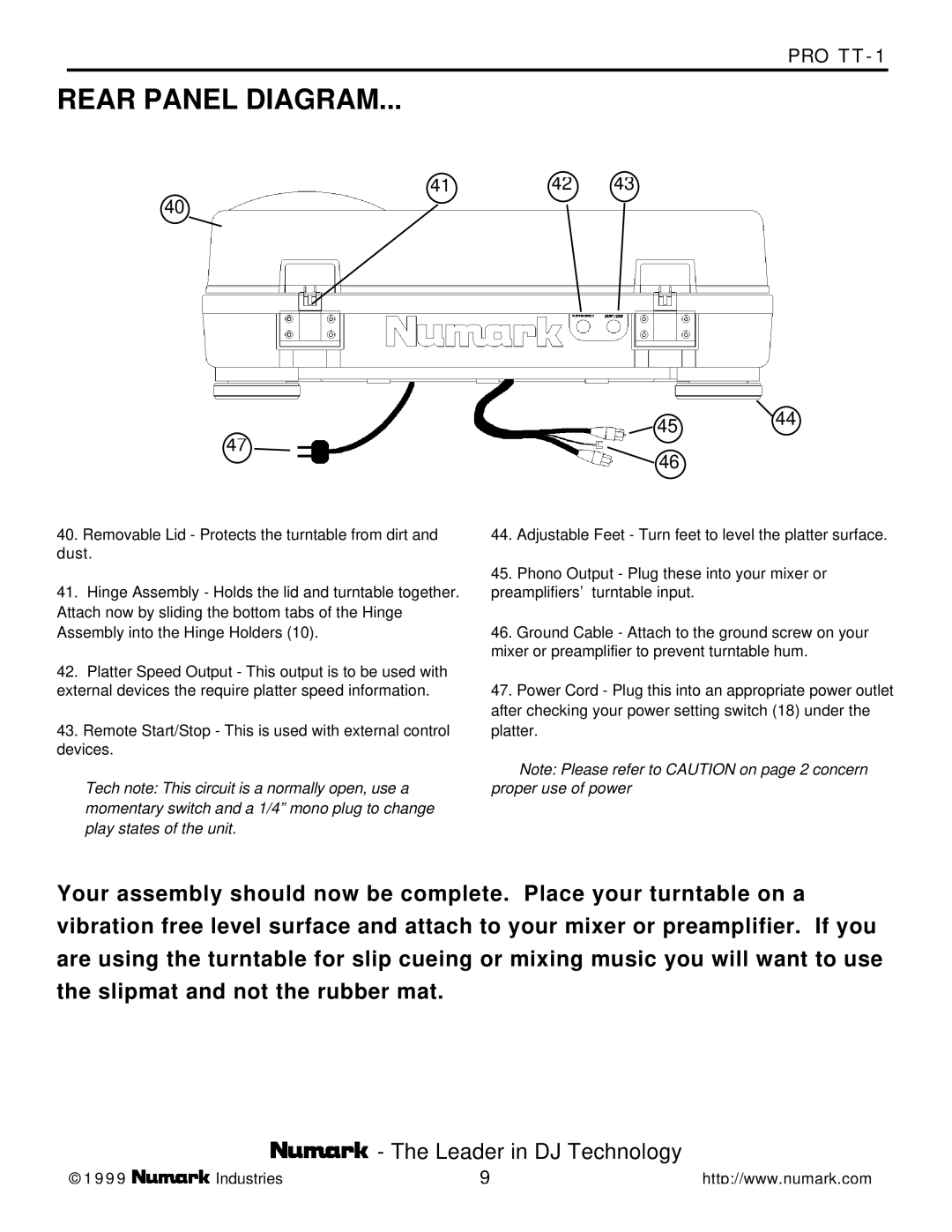 Numark Industries PRO TT-1 owner manual Rear Panel Diagram 