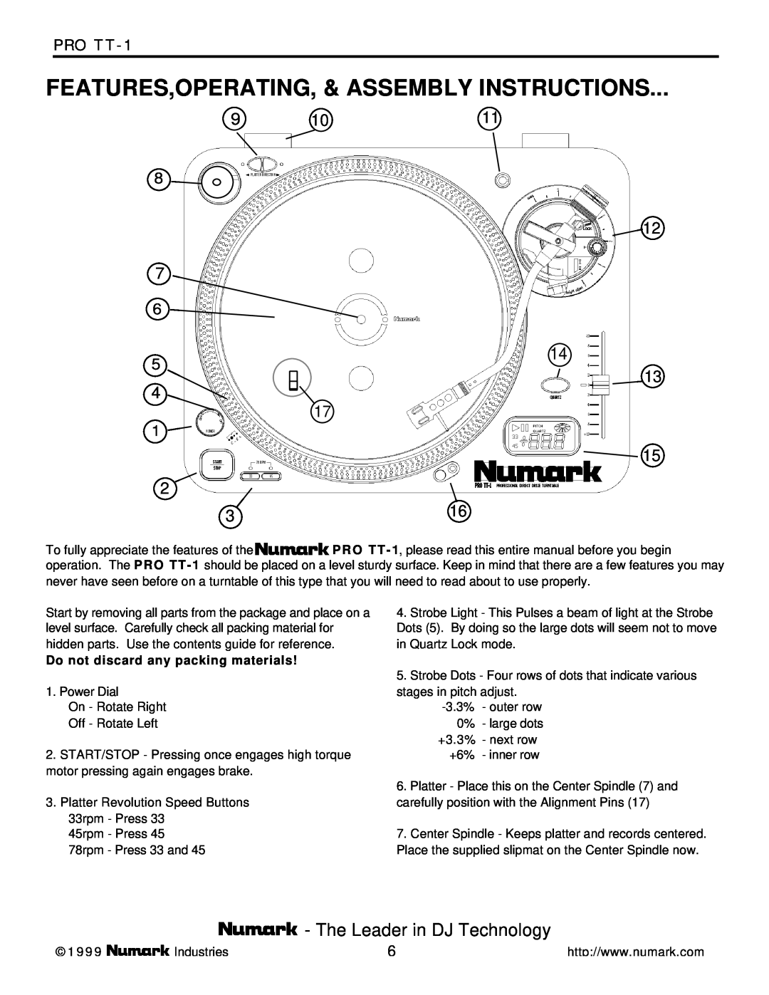 Numark Industries PRO TT-1 owner manual Features,Operating, & Assembly Instructions, The Leader in DJ Technology, 1011 