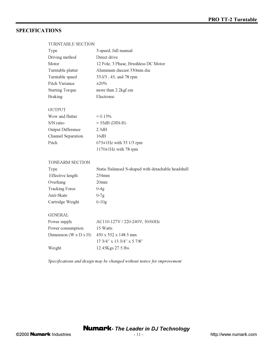 Numark Industries PRO TT-2 owner manual Specifications, Turntable Section 