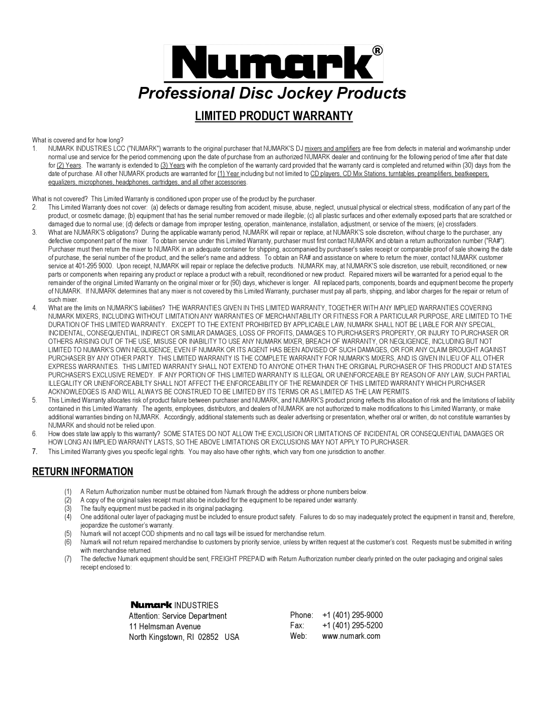 Numark Industries PRO TT-2 owner manual Professional Disc Jockey Products 