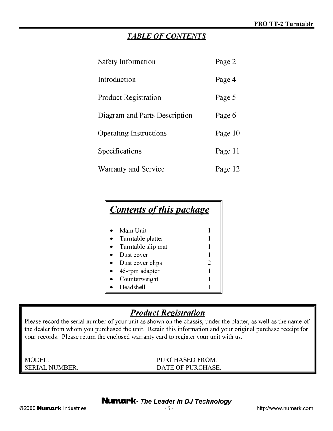 Numark Industries PRO TT-2 owner manual Contents of this package 