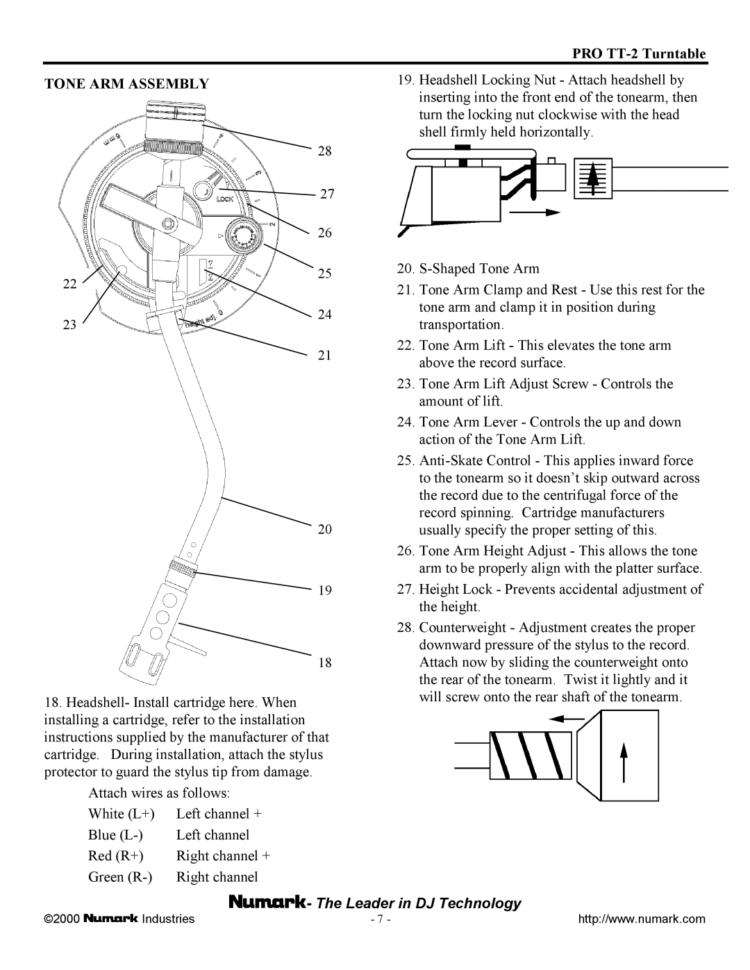 Numark Industries PRO TT-2 owner manual Tone ARM Assembly 