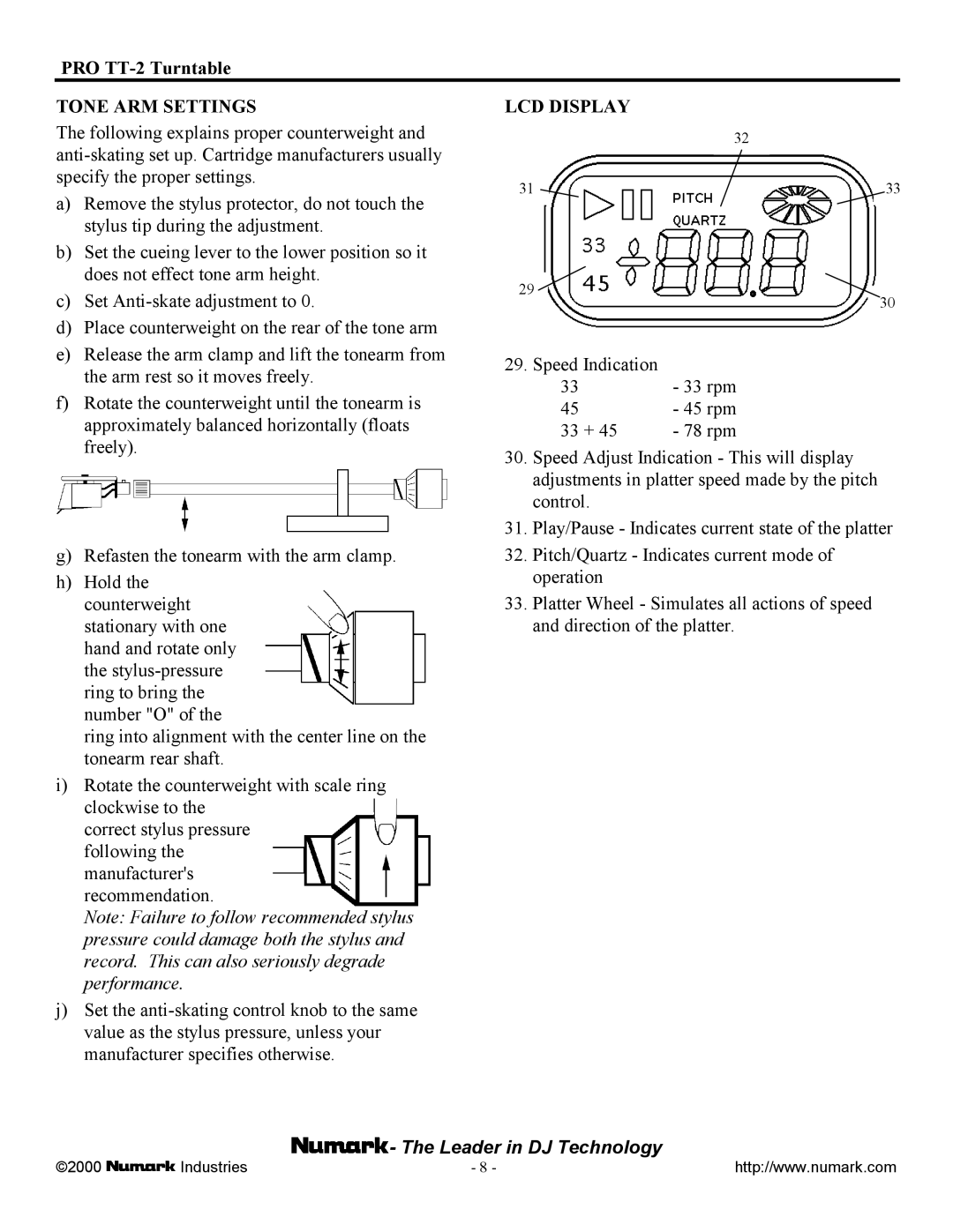 Numark Industries PRO TT-2 owner manual Tone ARM Settings LCD Display 