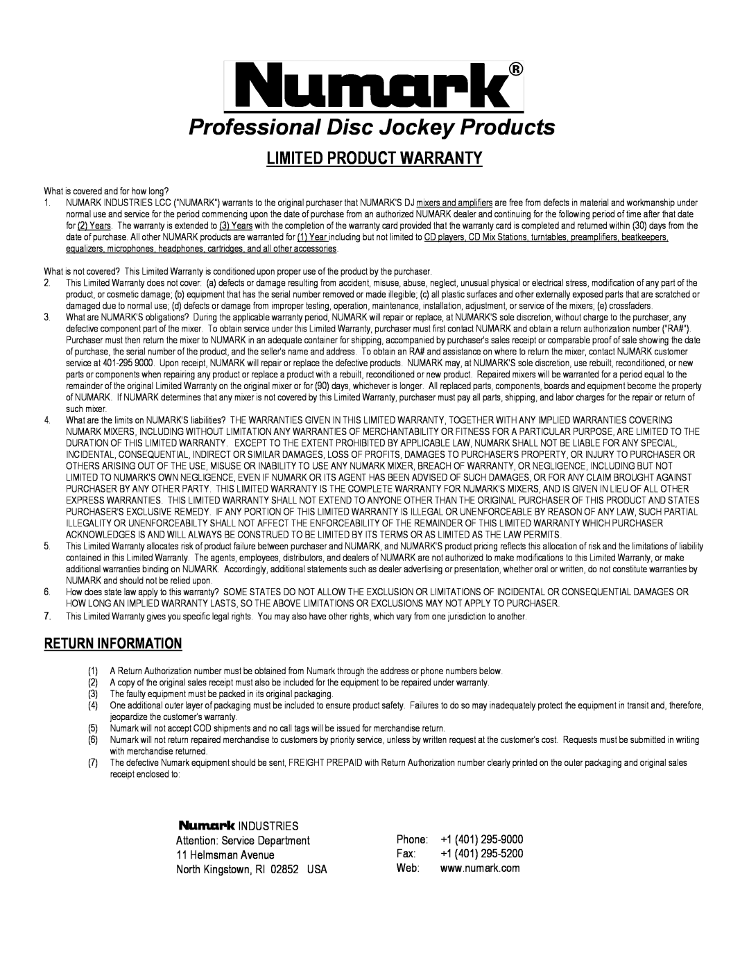 Numark Industries PRO TT-2 owner manual Professional Disc Jockey Products, Limited Product Warranty, Return Information 