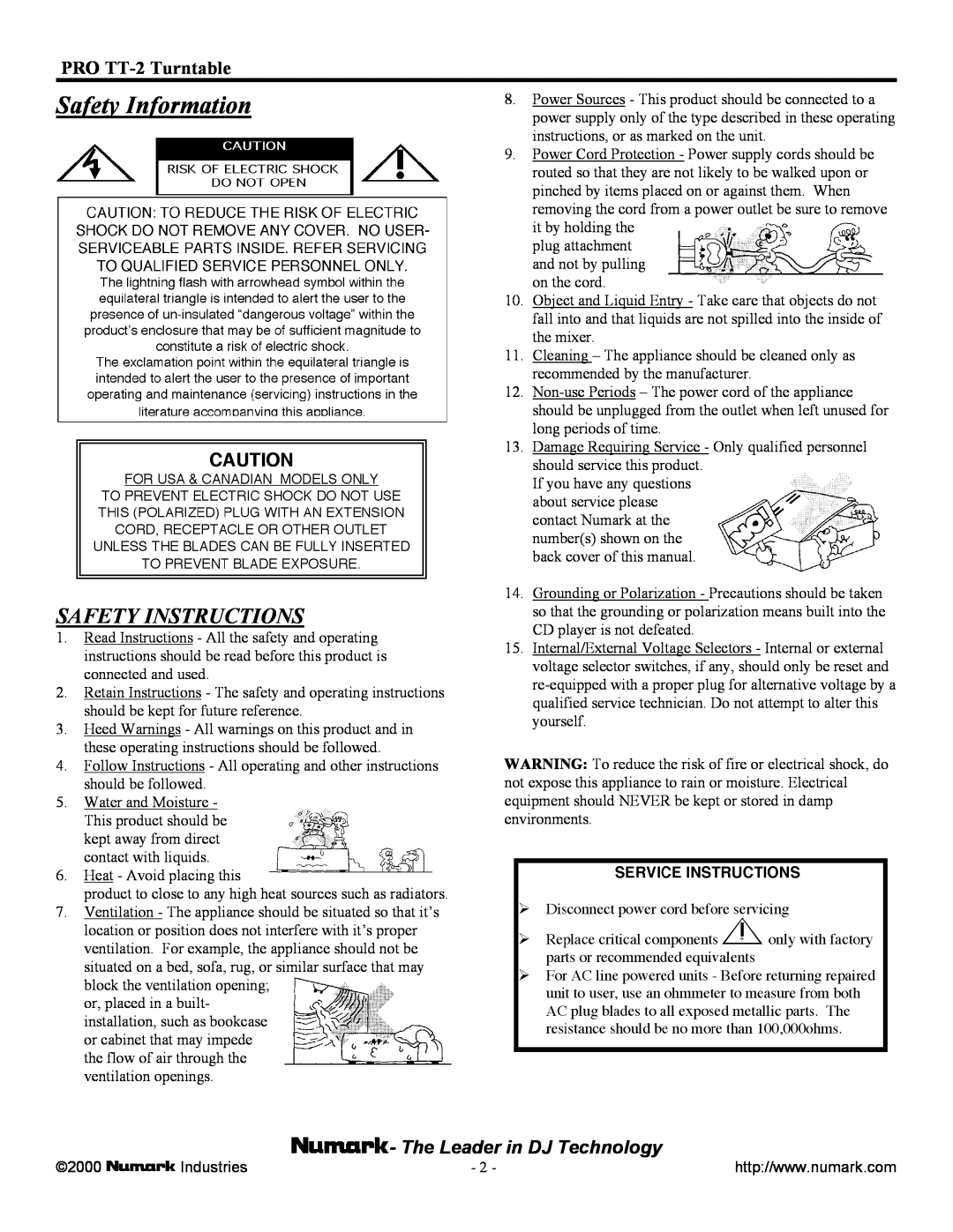 Numark Industries owner manual Safety Information, Safety Instructions, PRO TT-2Turntable, The Leader in DJ Technology 