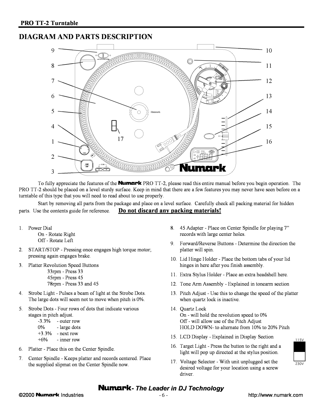 Numark Industries owner manual Diagram And Parts Description, PRO TT-2Turntable, The Leader in DJ Technology 