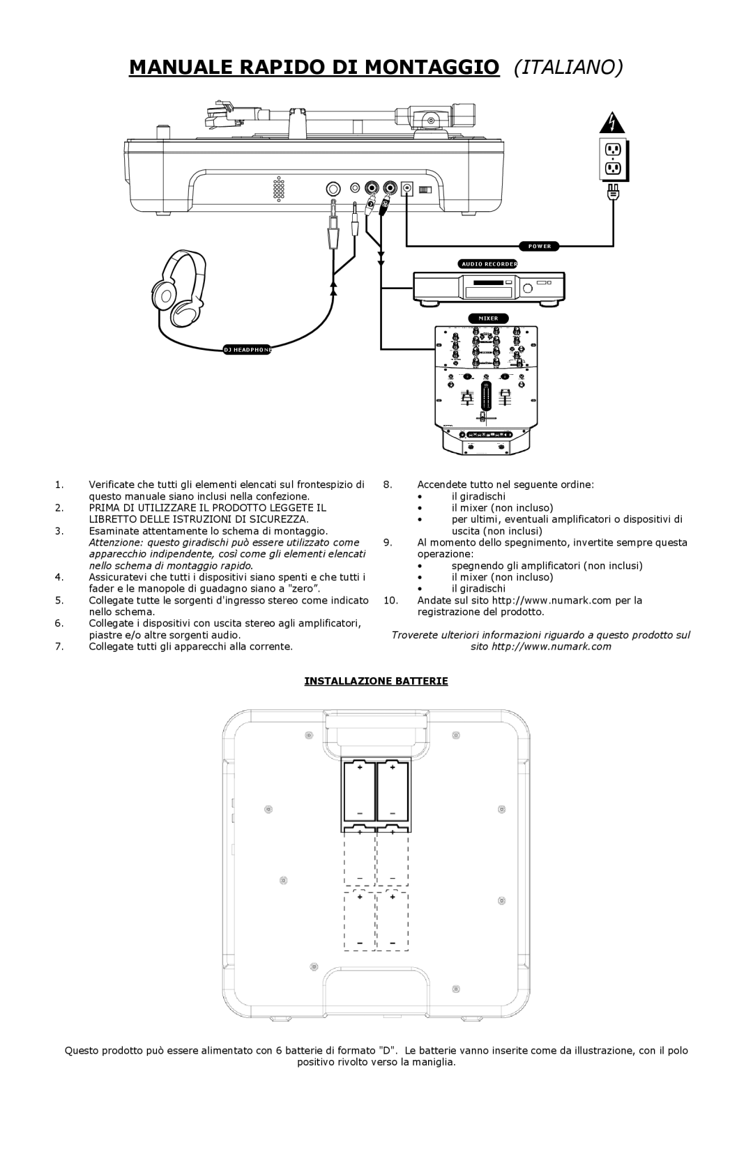 Numark Industries PT-01 quick start Manuale Rapido DI Montaggio Italiano, Installazione Batterie 