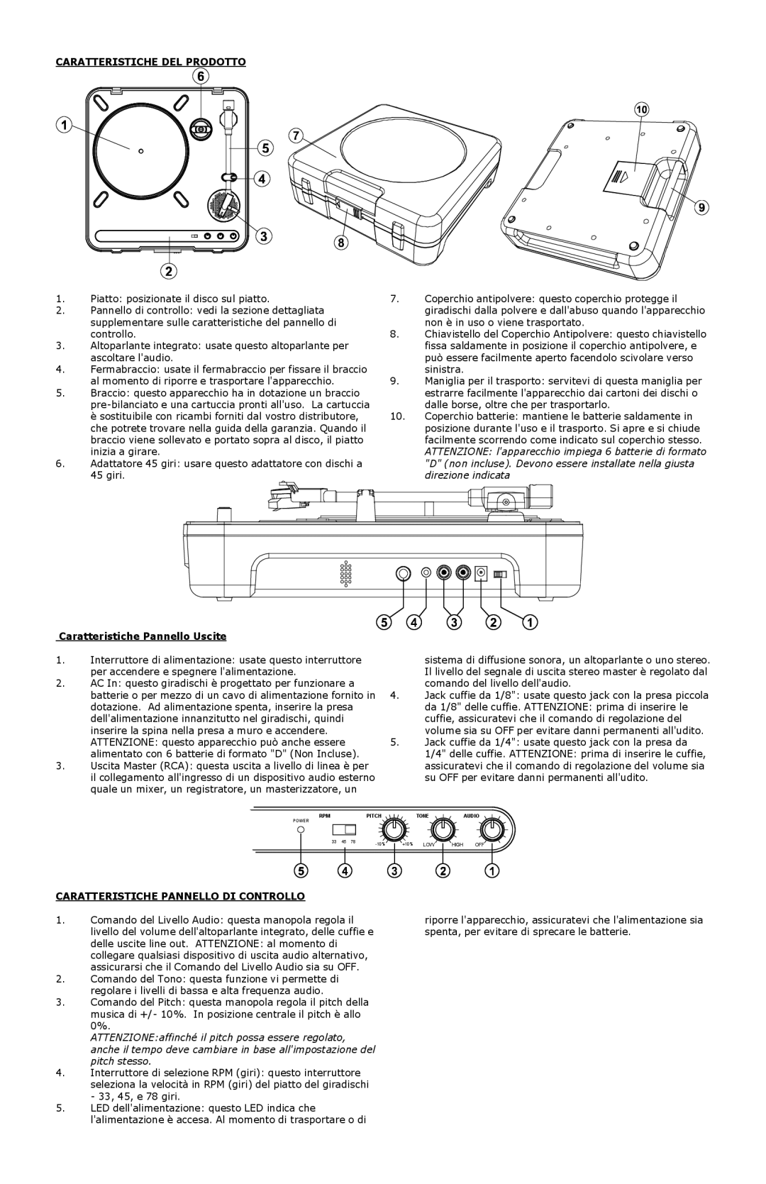 Numark Industries PT-01 quick start Caratteristiche DEL Prodotto, Caratteristiche Pannello Uscite 