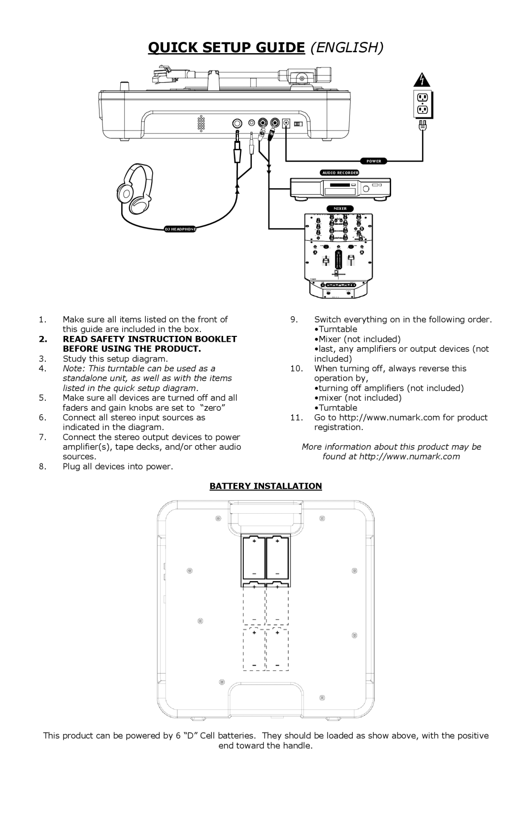 Numark Industries PT-01 quick start Quick Setup Guide English, Read Safety Instruction Booklet Before Using the Product 