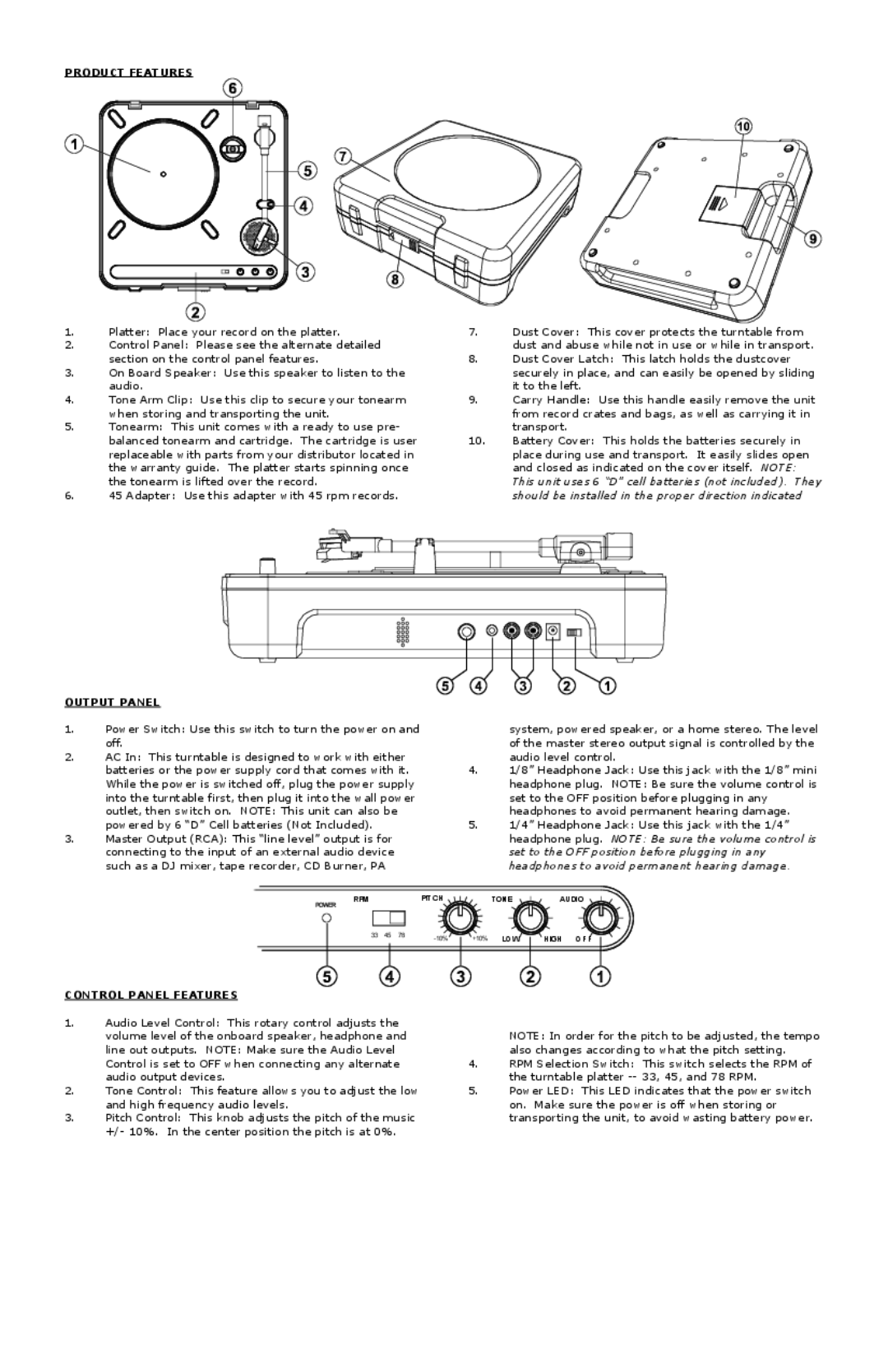 Numark Industries PT-01 quick start Product Features, Output Panel, Control Panel Features 