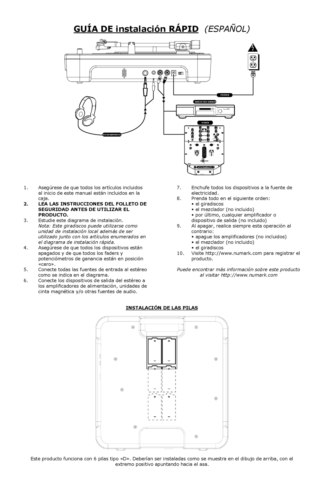 Numark Industries PT-01 quick start Guía DE instalación Rápid Español, Instalación DE LAS Pilas 