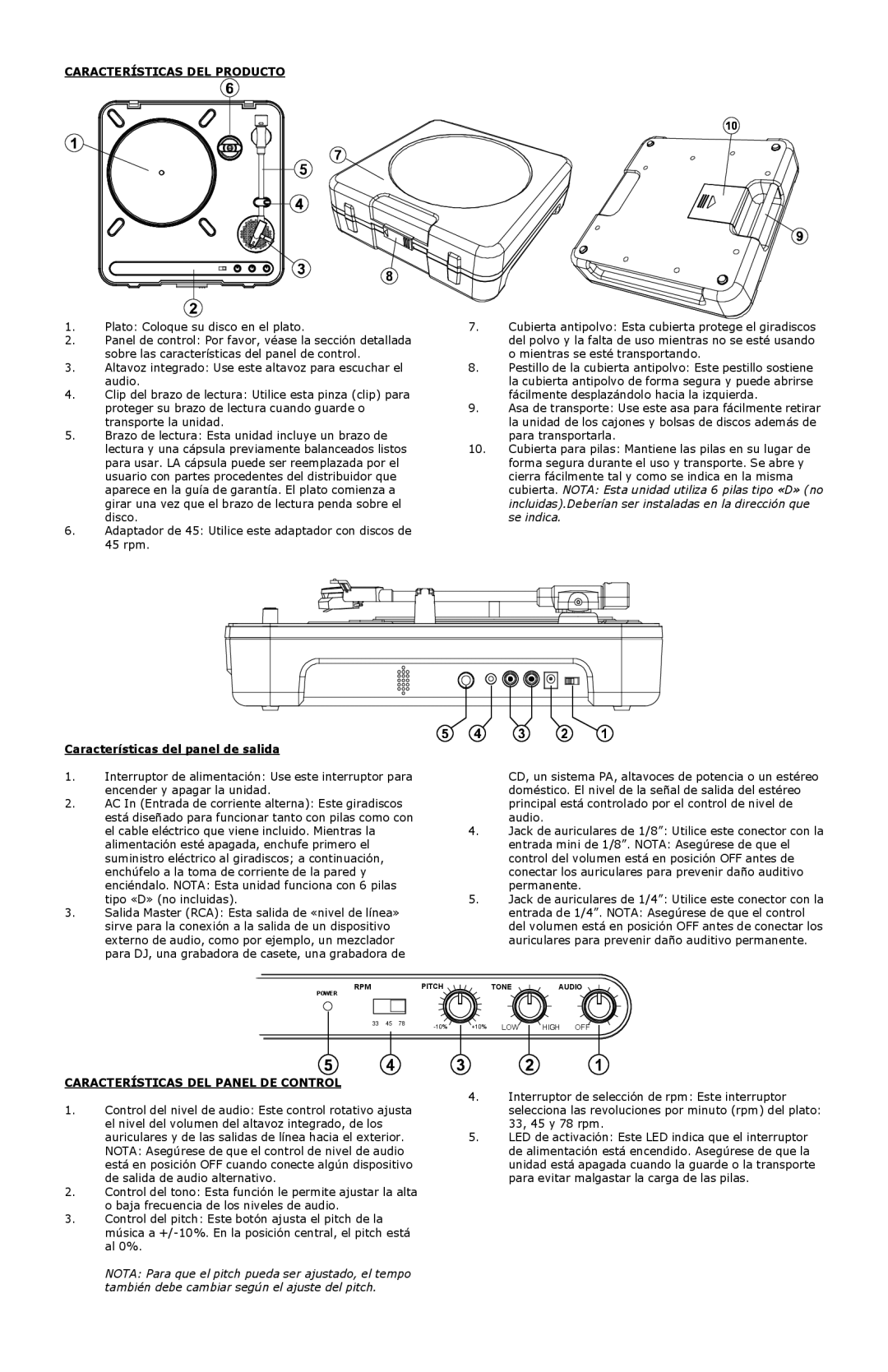 Numark Industries PT-01 quick start Características DEL Producto, Características del panel de salida 