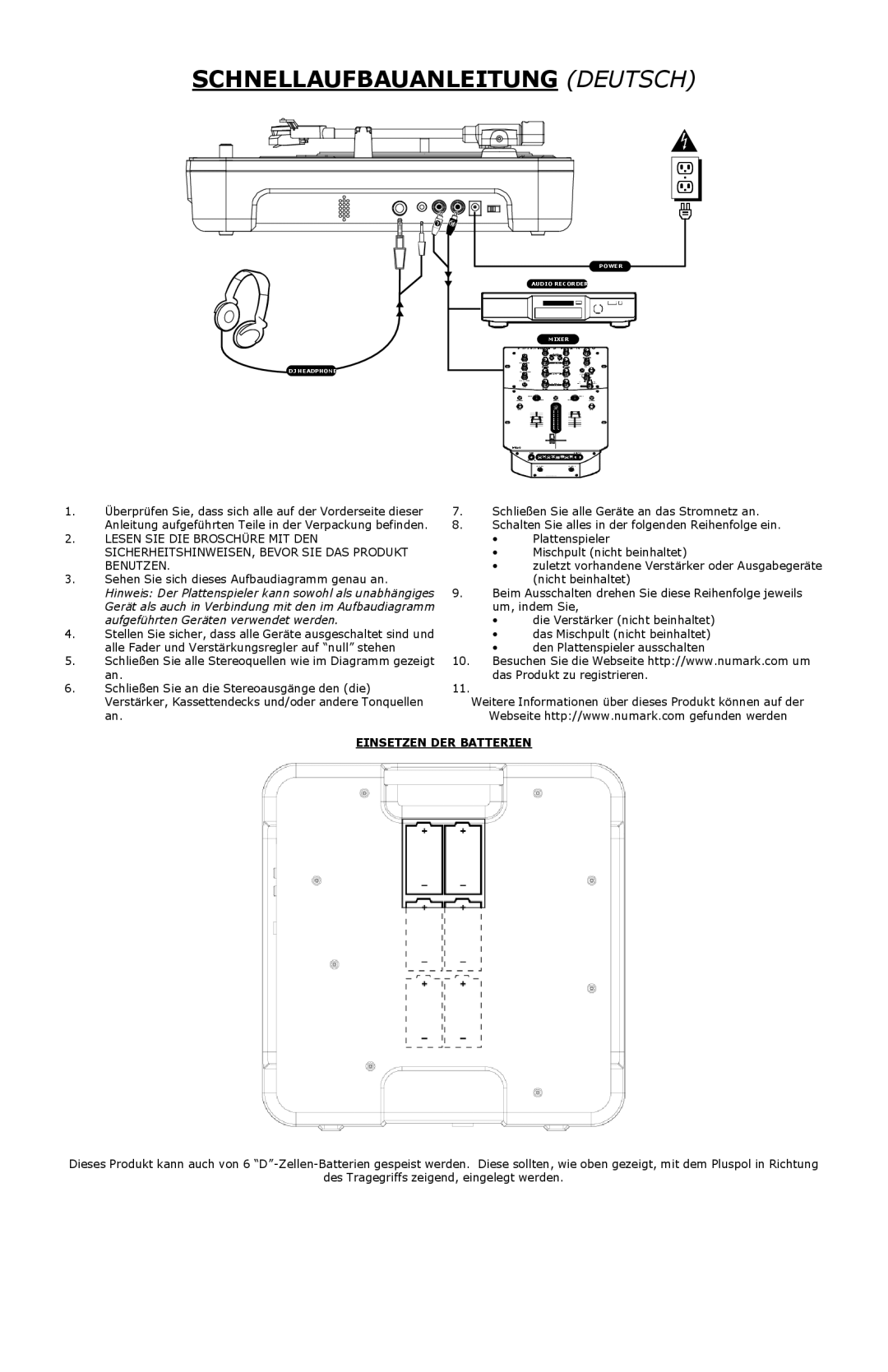 Numark Industries PT-01 quick start Schnellaufbauanleitung Deutsch, Einsetzen DER Batterien 