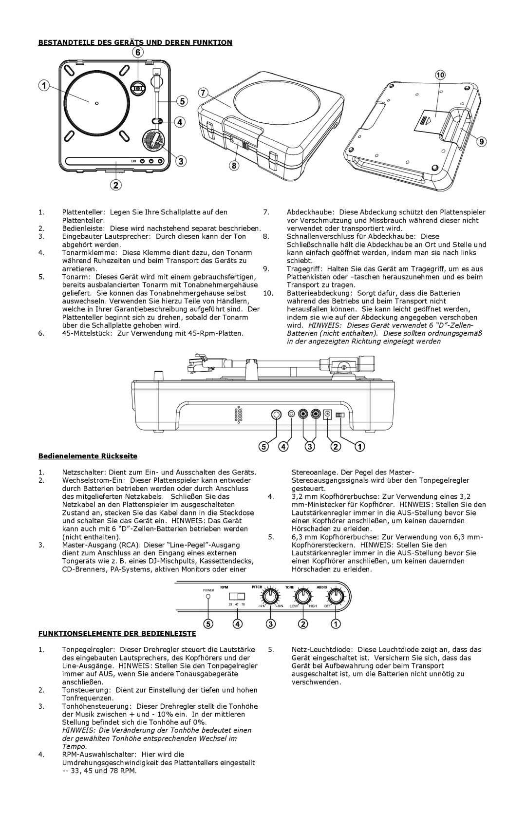 Numark Industries PT-01 quick start Bestandteile DES Geräts UND Deren Funktion, Bedienelemente Rückseite 