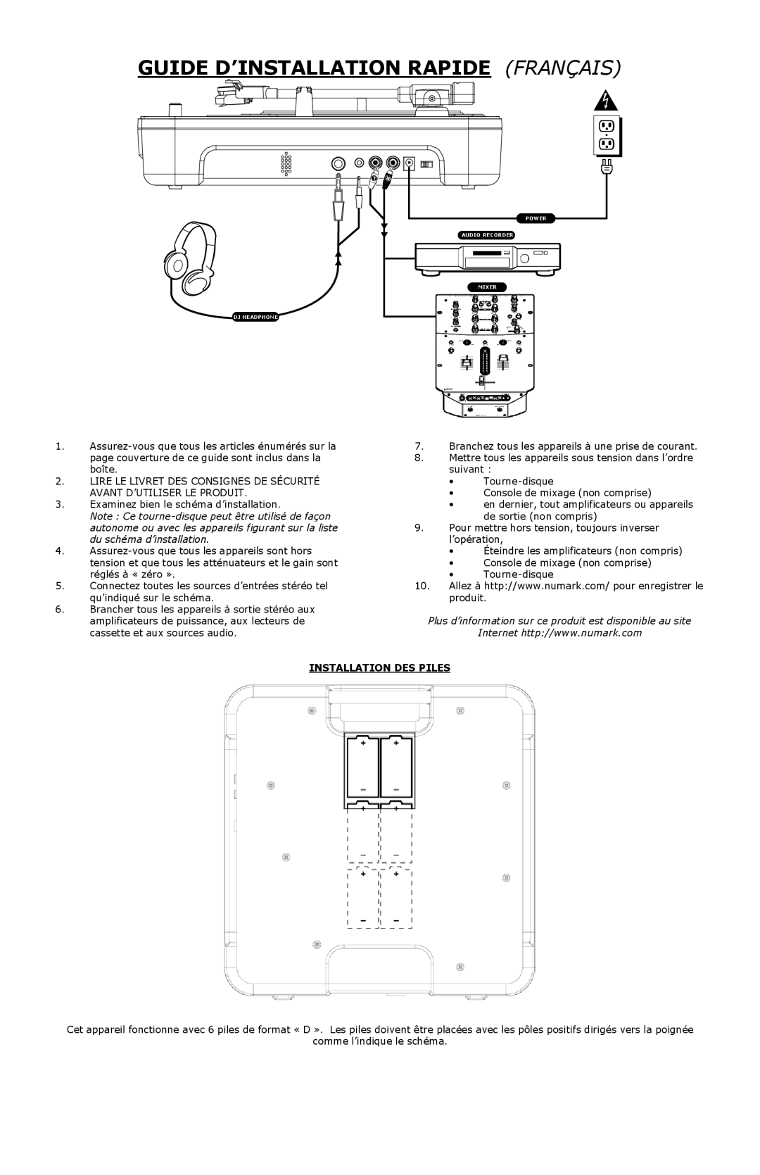 Numark Industries PT-01 quick start Guide D’INSTALLATION Rapide Français, Installation DES Piles 