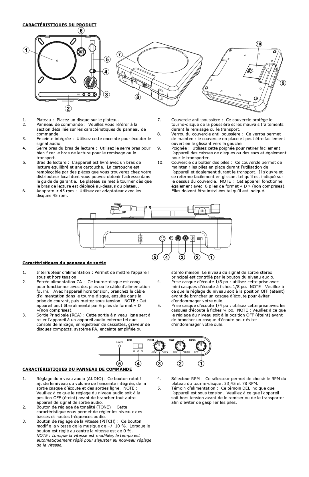 Numark Industries PT-01 quick start Caractéristiques DU Produit, Caractéristiques du panneau de sortie 