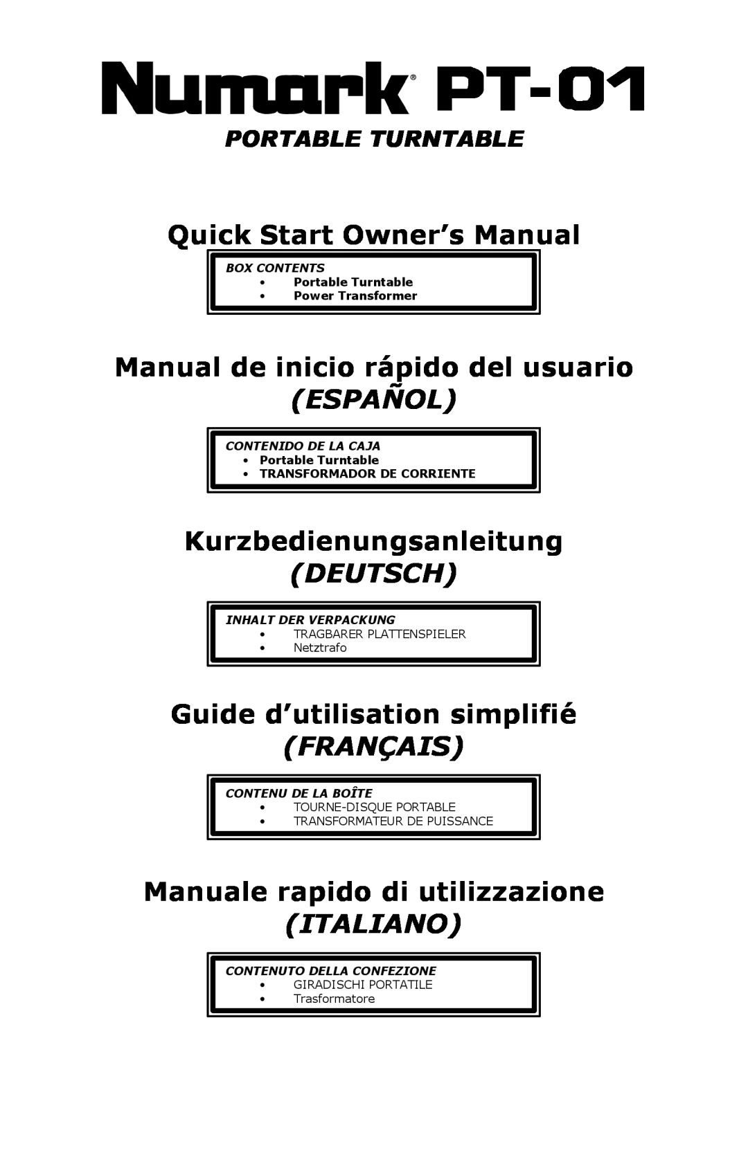 Numark Industries PT-01 quick start ∙Portable Turntable ∙Power Transformer, Manual de inicio rápido del usuario, Español 