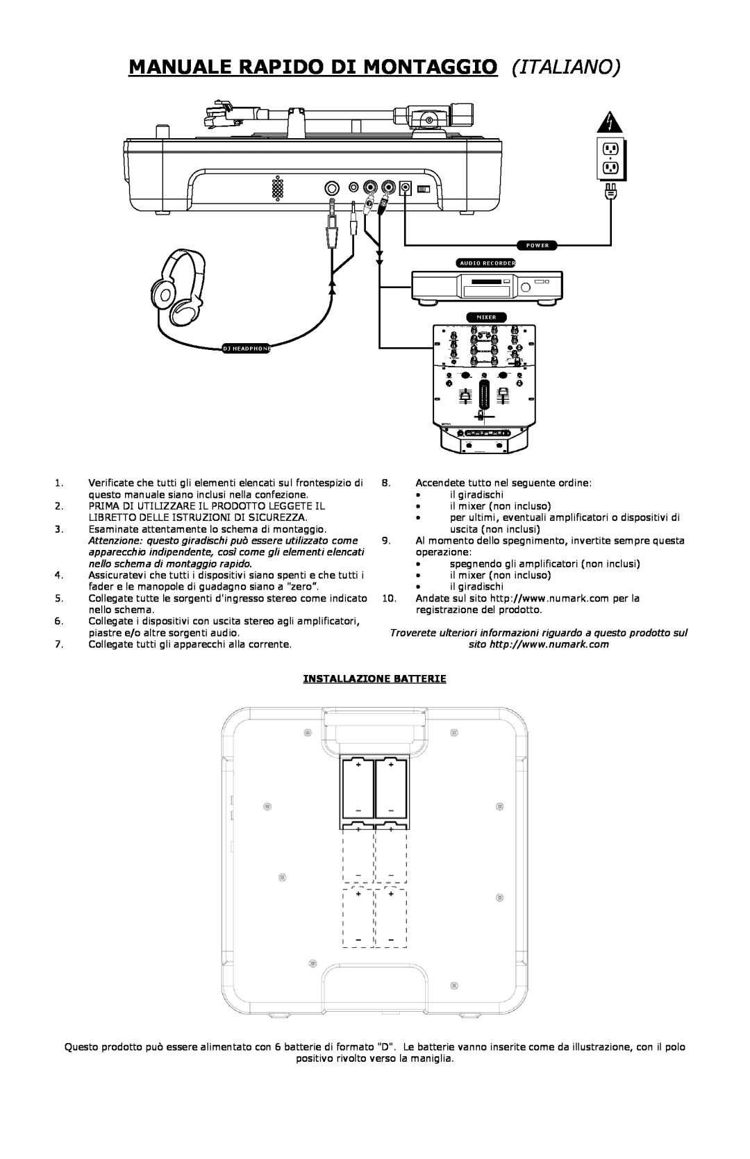 Numark Industries PT-01 quick start Manuale Rapido Di Montaggioitaliano, Installazione Batterie 