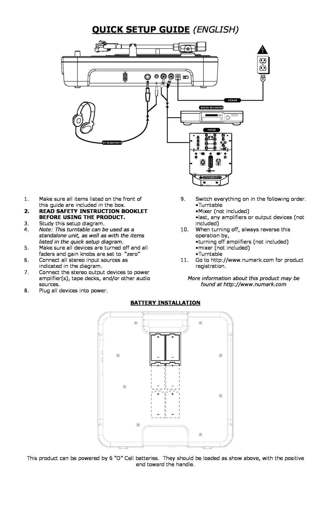 Numark Industries PT-01 Quick Setup Guideenglish, Battery Installation, More information about this product may be 