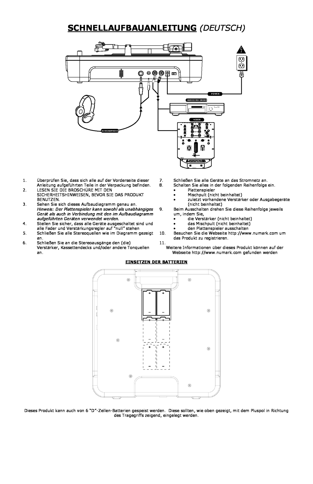 Numark Industries PT-01 Schnellaufbauanleitungdeutsch, aufgeführten Geräten verwendet werden, Einsetzen Der Batterien 