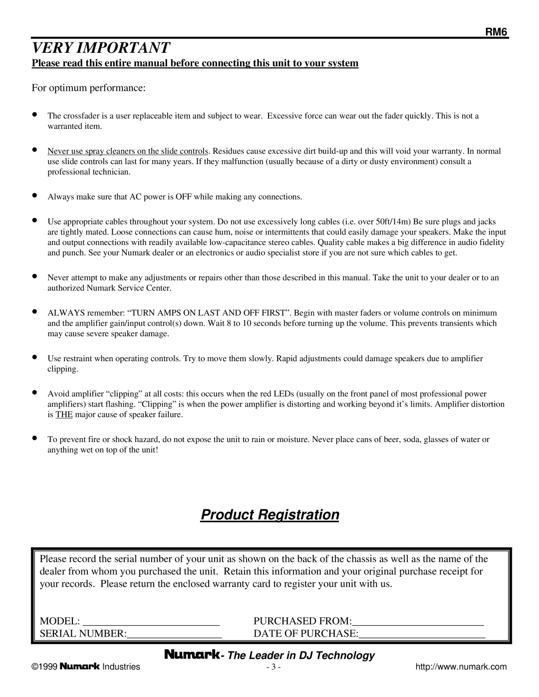 Numark Industries RM6 owner manual Very Important, Product Registration 