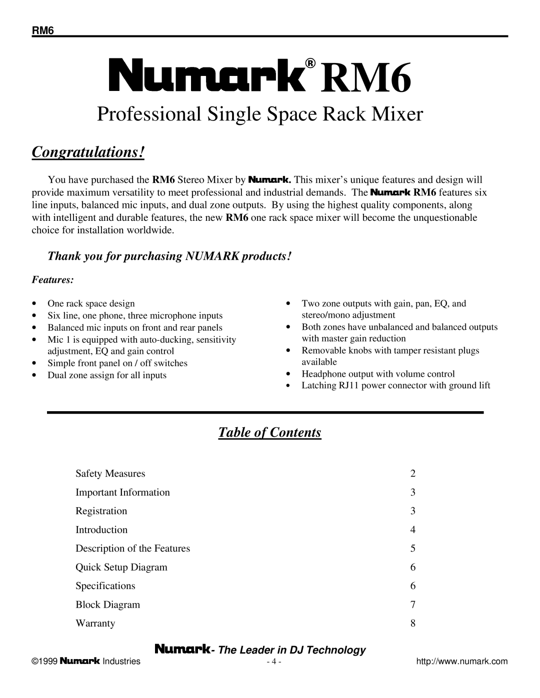 Numark Industries RM6 owner manual Table of Contents 