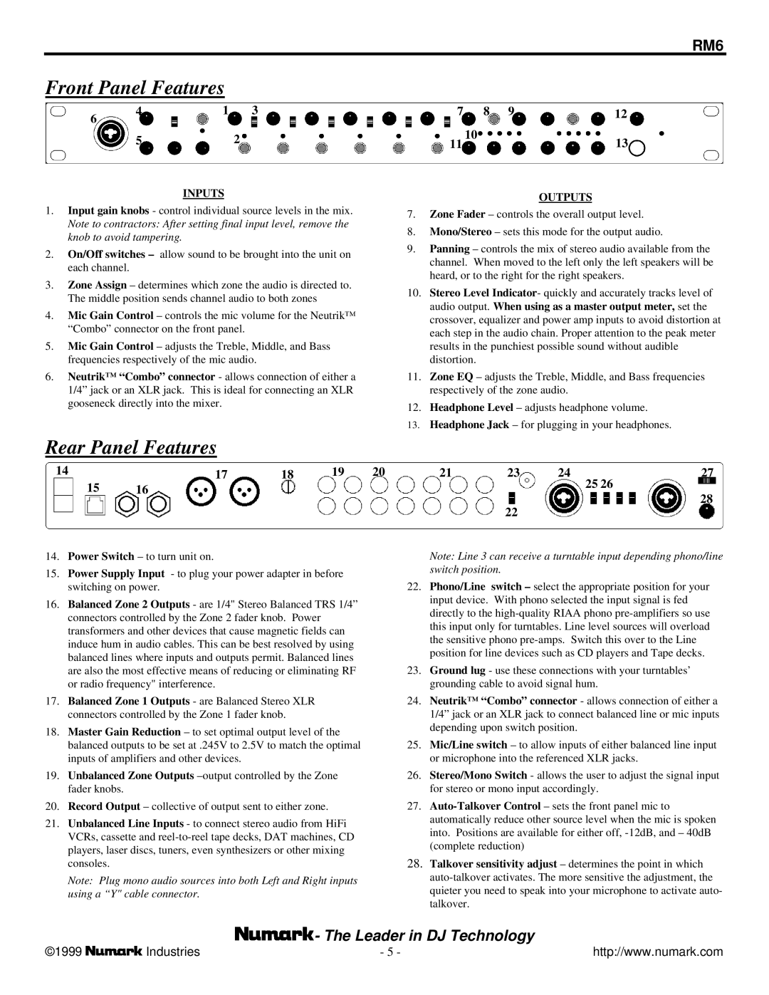 Numark Industries RM6 owner manual Front Panel Features, Rear Panel Features 