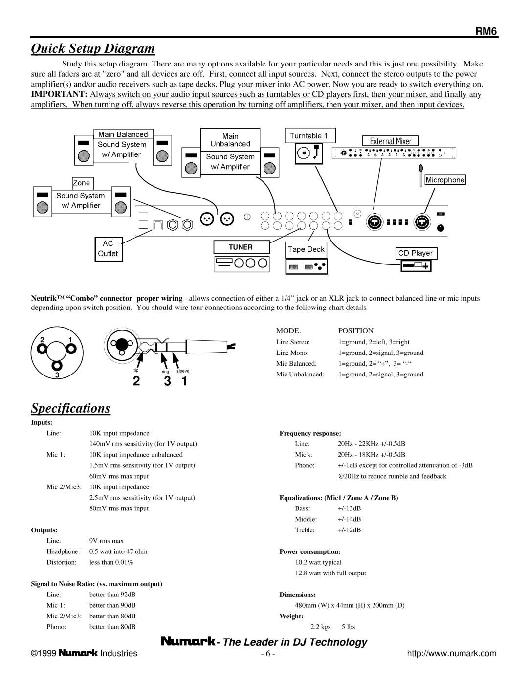 Numark Industries RM6 owner manual Quick Setup Diagram, Specifications 