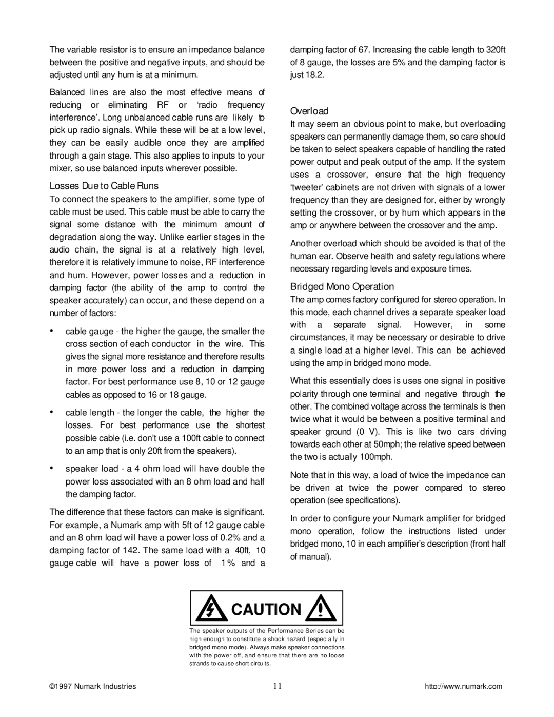 Numark Industries SA5500, SA9500, SA3000 owner manual Losses Due to Cable Runs, Overload, Bridged Mono Operation 