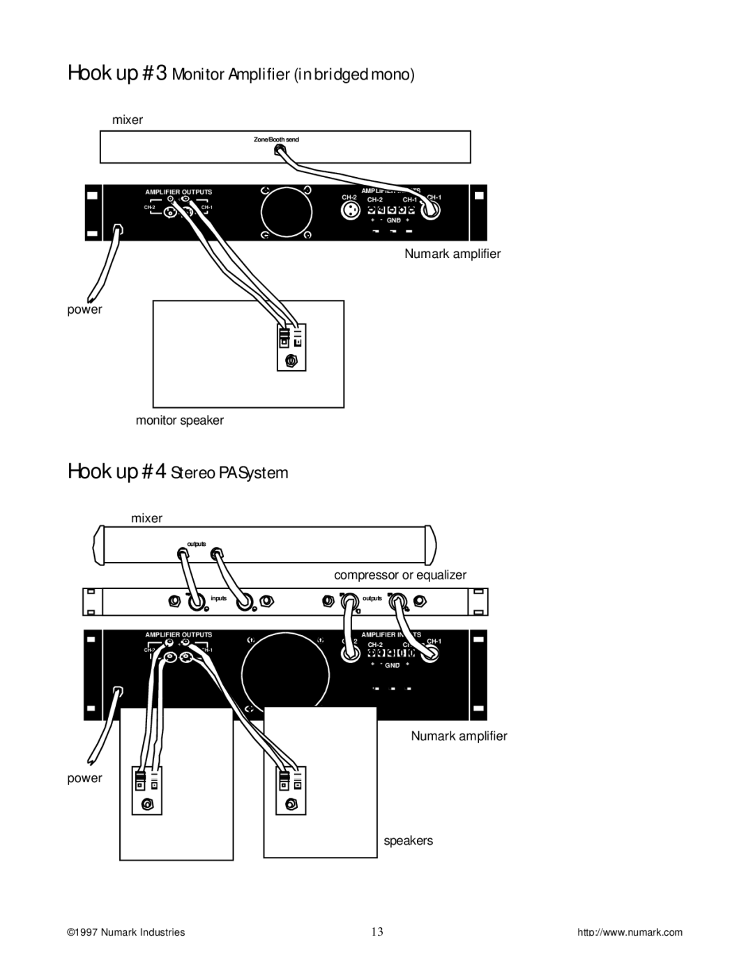 Numark Industries SA3000, SA9500, SA5500 owner manual Hook up #3 Monitor Amplifier in bridged mono 