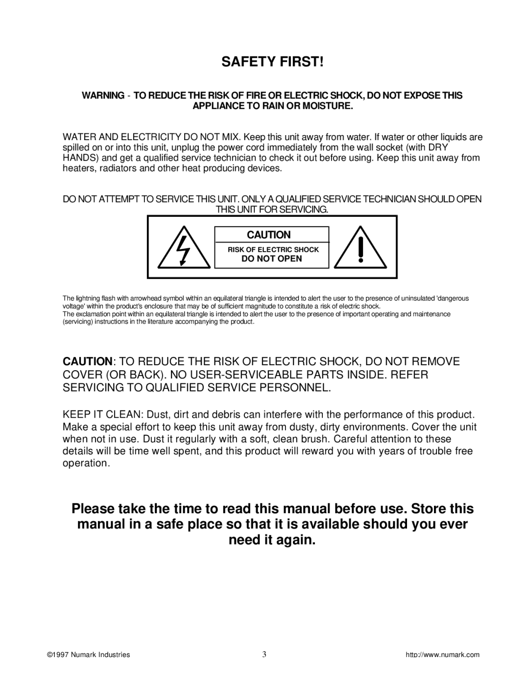 Numark Industries SA9500, SA3000, SA5500 owner manual Safety First 