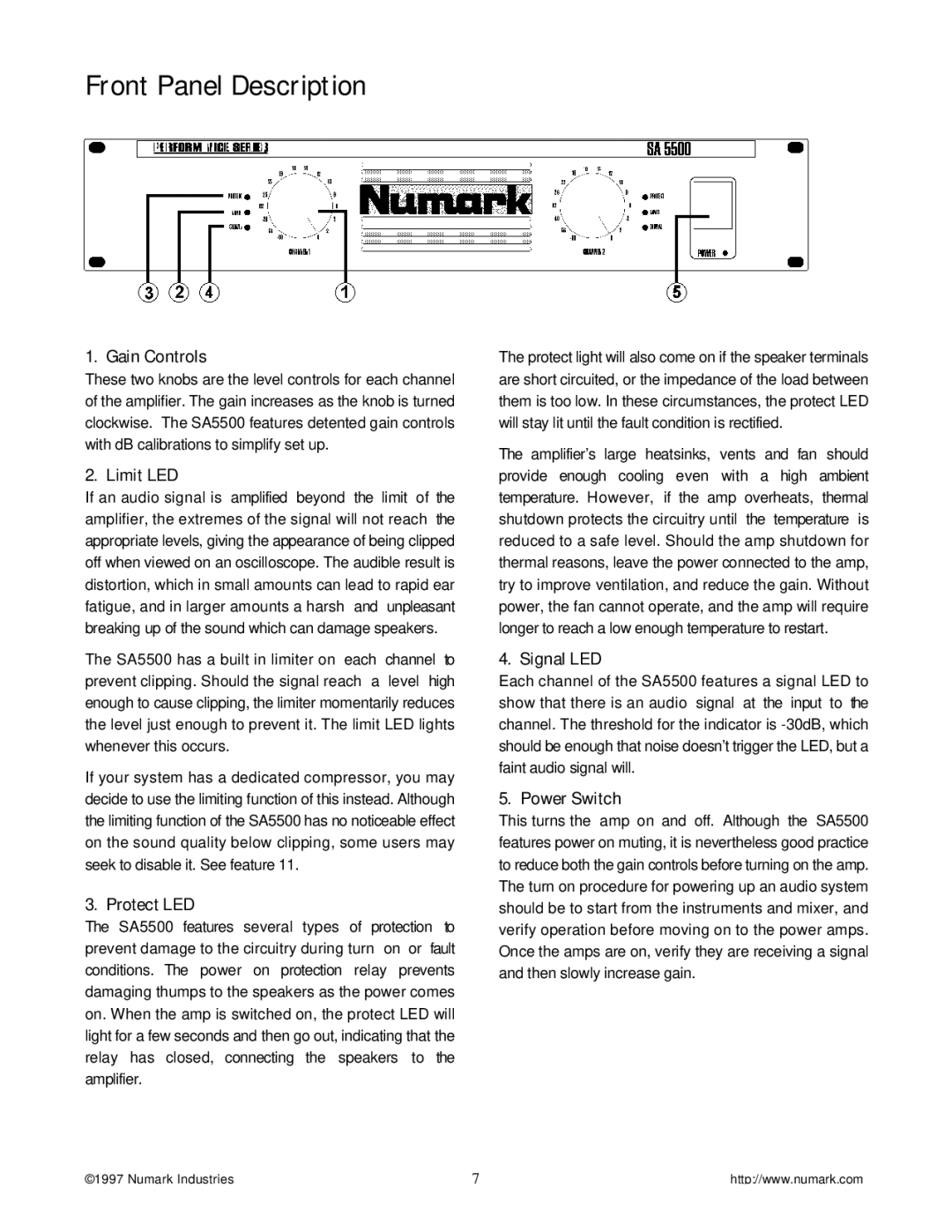 Numark Industries SA3000, SA9500, SA5500 owner manual Front Panel Description 